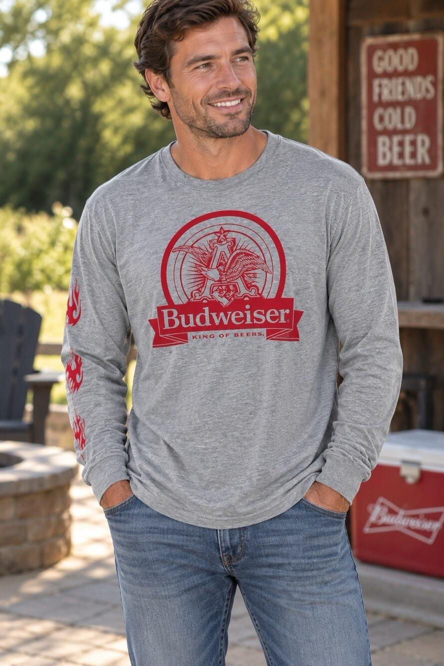 PacSun T-Shirt Mens Size M Grey Budweiser Graphic Long Sleeve Flame Print NWOT